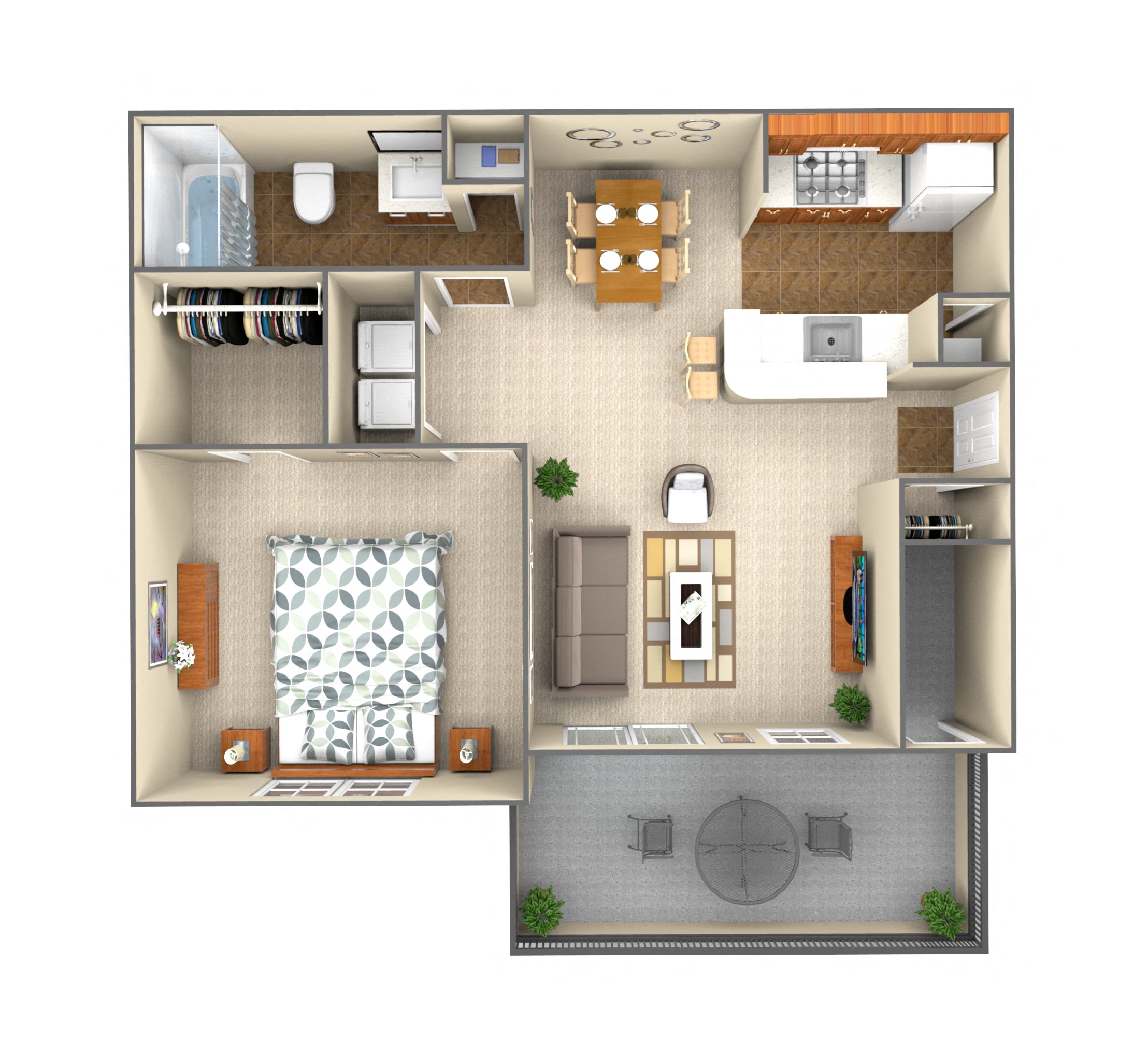 Floor plan for 1 bed, 1 bath, 664 sqft